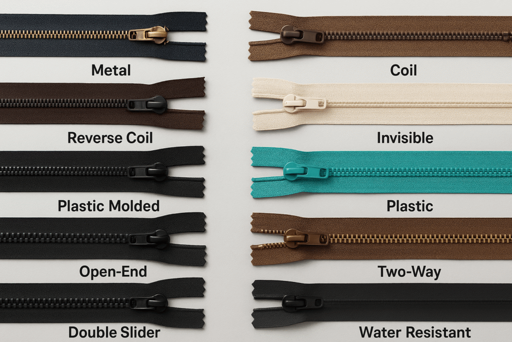 Different types of zippers for apparel manufacturing Trims and Accessories